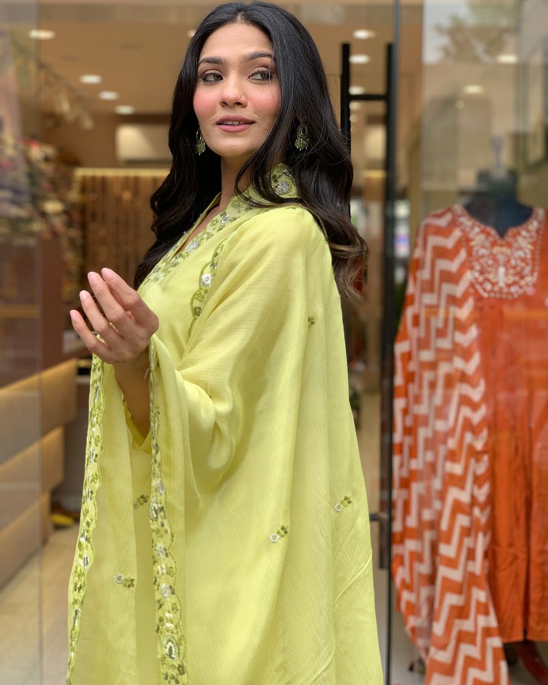 Luminous Lime Viscose Chinnon Embroidered Anarkali Kurta Set with Dupatta
