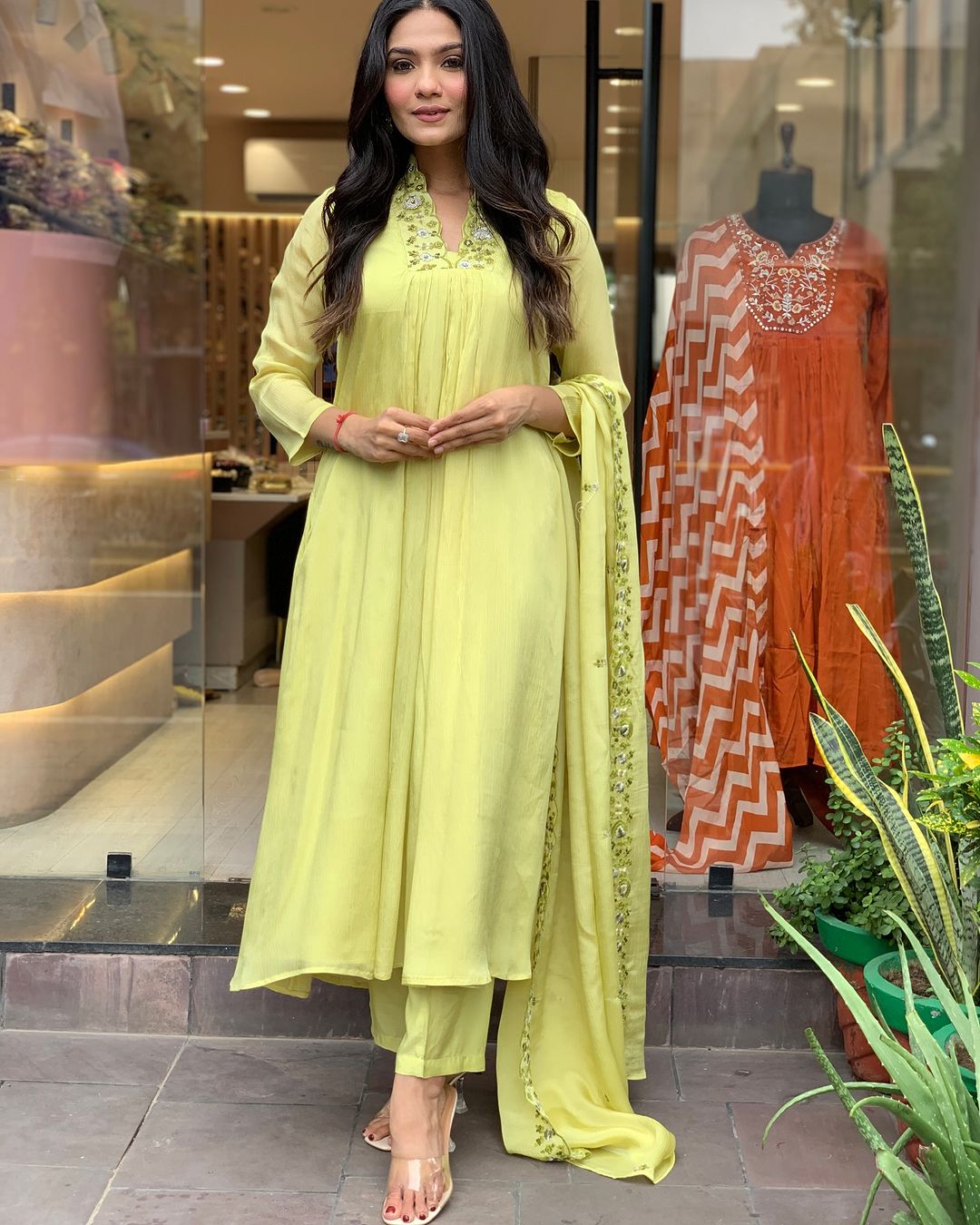 Luminous Lime Viscose Chinnon Embroidered Anarkali Kurta Set with Dupatta