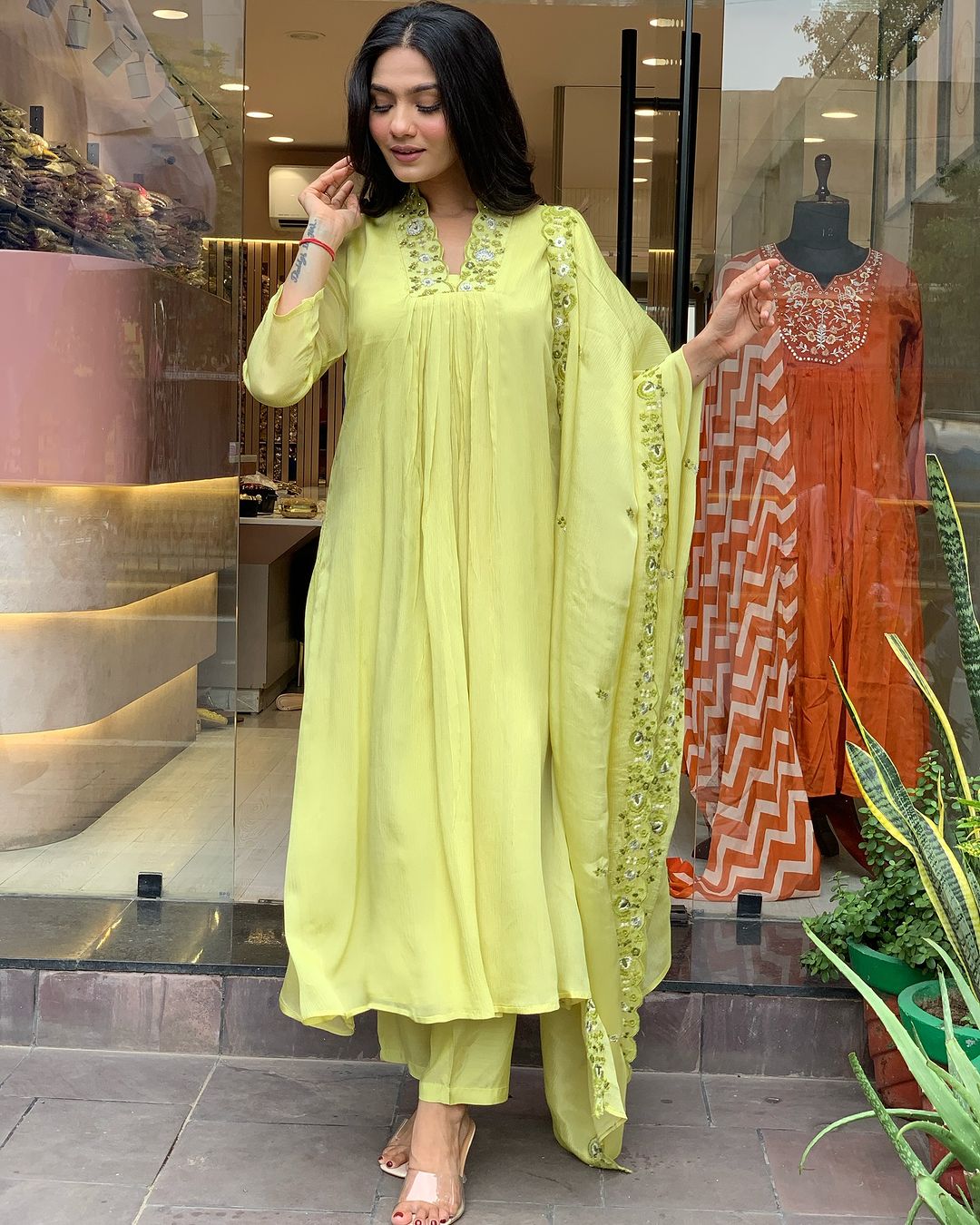 Luminous Lime Viscose Chinnon Embroidered Anarkali Kurta Set with Dupatta