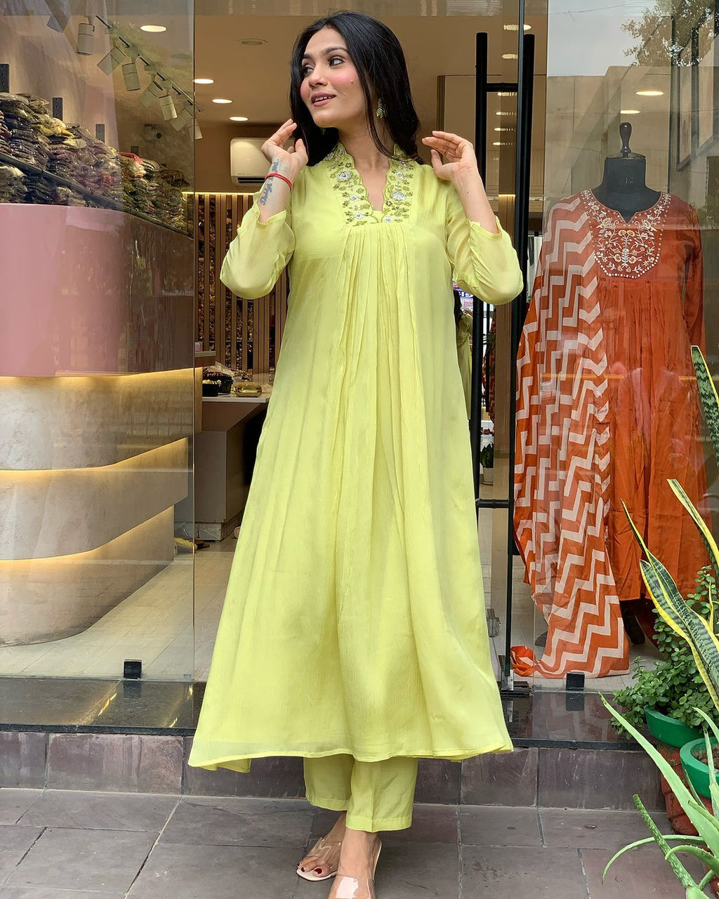 Luminous Lime Viscose Chinnon Embroidered Anarkali Kurta Set with Dupatta