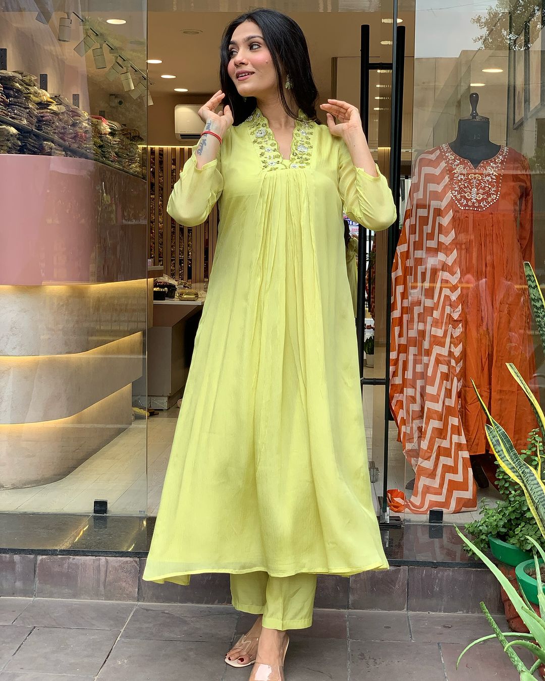 Luminous Lime Viscose Chinnon Embroidered Anarkali Kurta Set with Dupatta