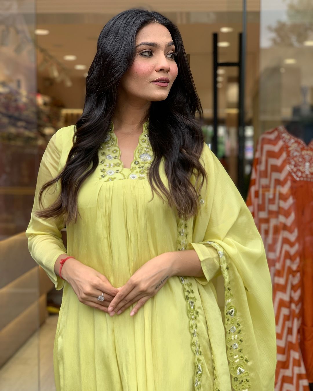 Luminous Lime Viscose Chinnon Embroidered Anarkali Kurta Set with Dupatta