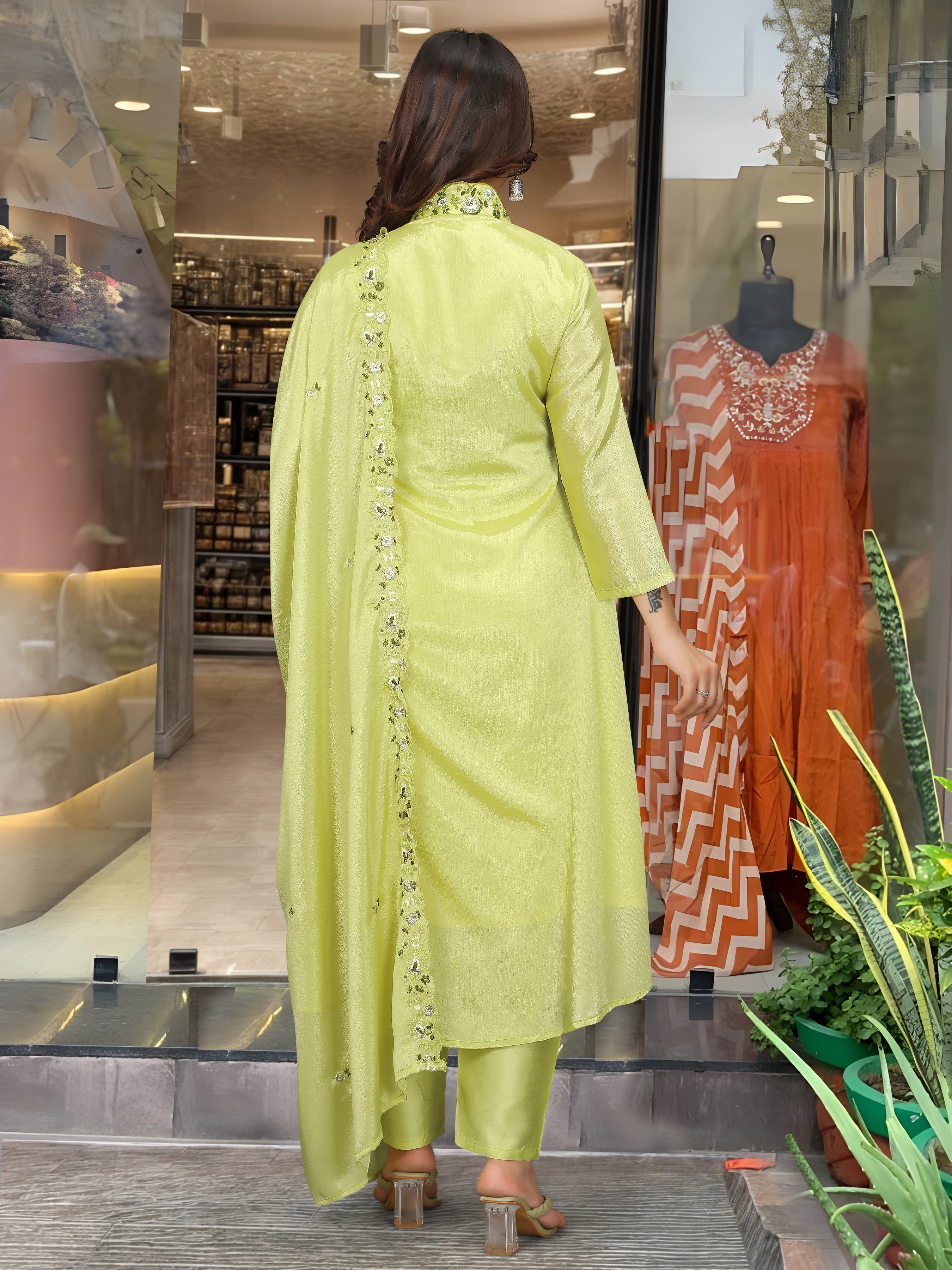 Luminous Lime Viscose Chinnon Embroidered Anarkali Kurta Set with Dupatta