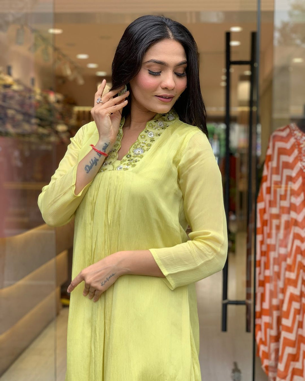 Luminous Lime Viscose Chinnon Embroidered Anarkali Kurta Set with Dupatta