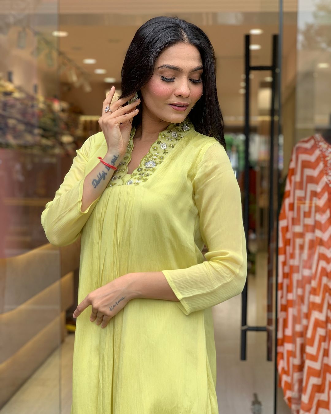 Luminous Lime Viscose Chinnon Embroidered Anarkali Kurta Set with Dupatta