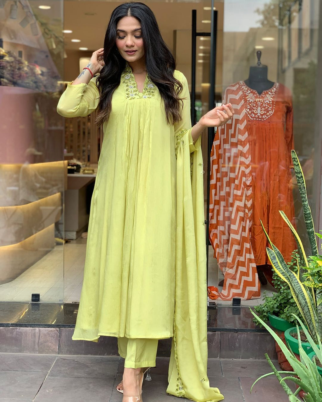Luminous Lime Viscose Chinnon Embroidered Anarkali Kurta Set with Dupatta