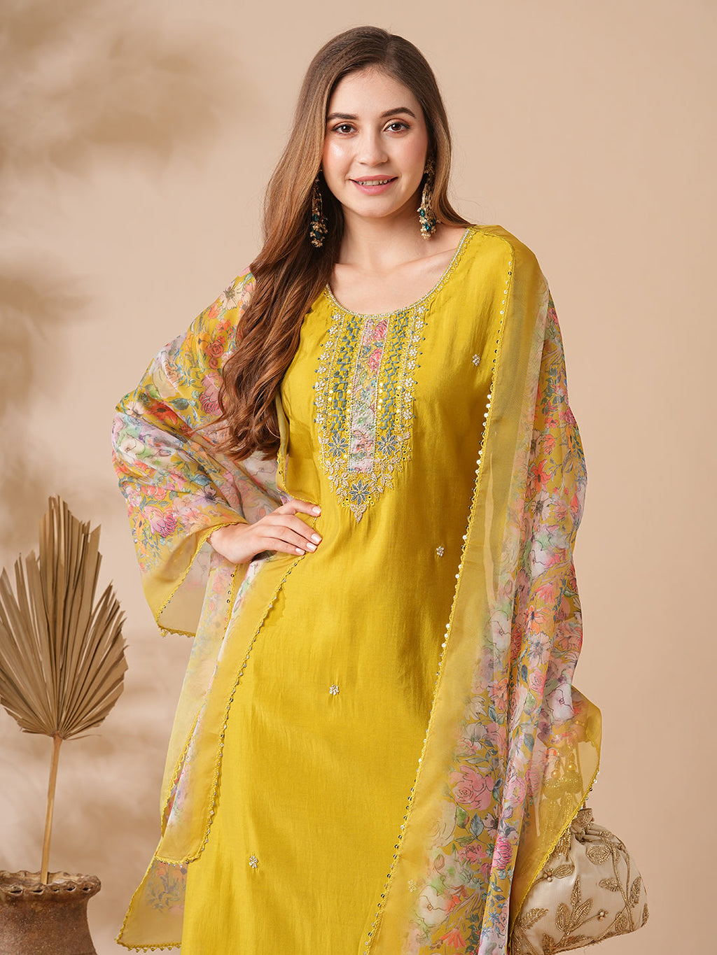 Mustard Yellow Viscose Chanderi Kurta Set with Intricate Yoke Embroidery & Multicolored Bandhani-Style Dupatta