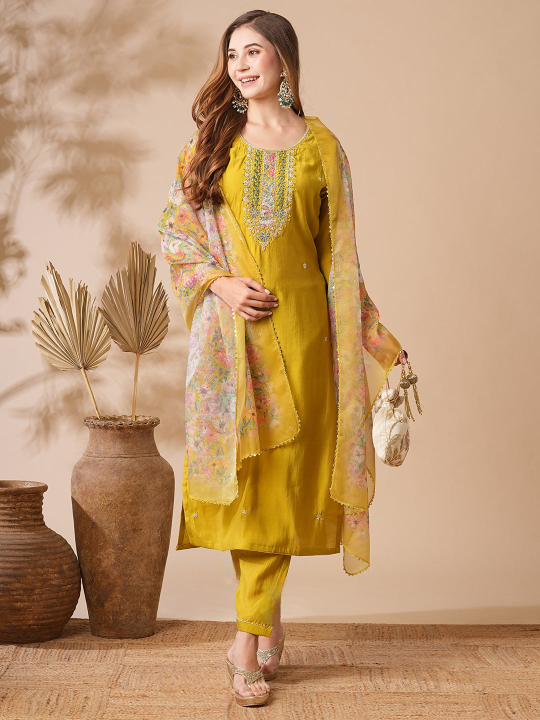 Mustard Yellow Viscose Chanderi Kurta Set with Intricate Yoke Embroidery & Multicolored Bandhani-Style Dupatta