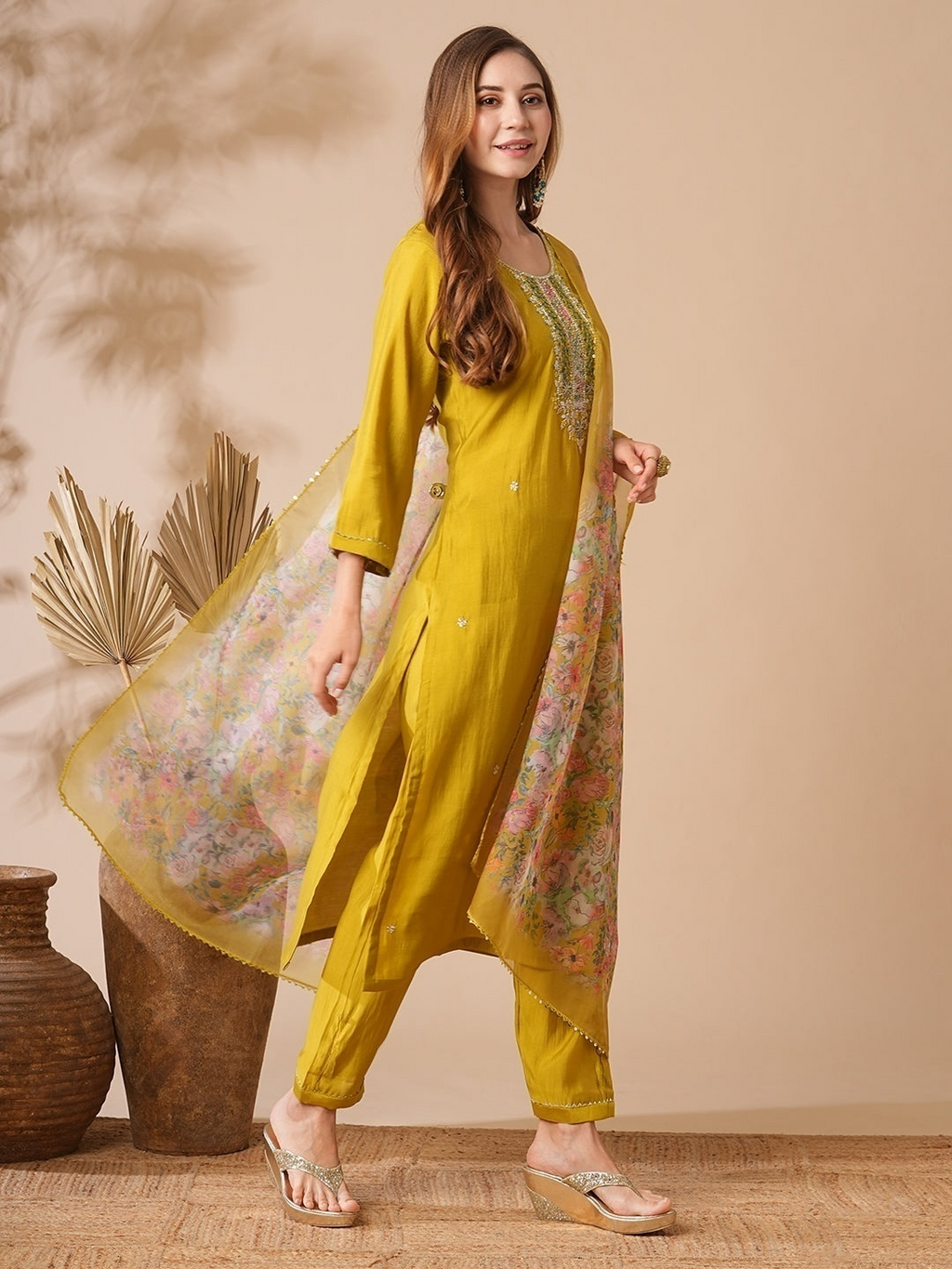 Mustard Yellow Viscose Chanderi Kurta Set with Intricate Yoke Embroidery & Multicolored Bandhani-Style Dupatta