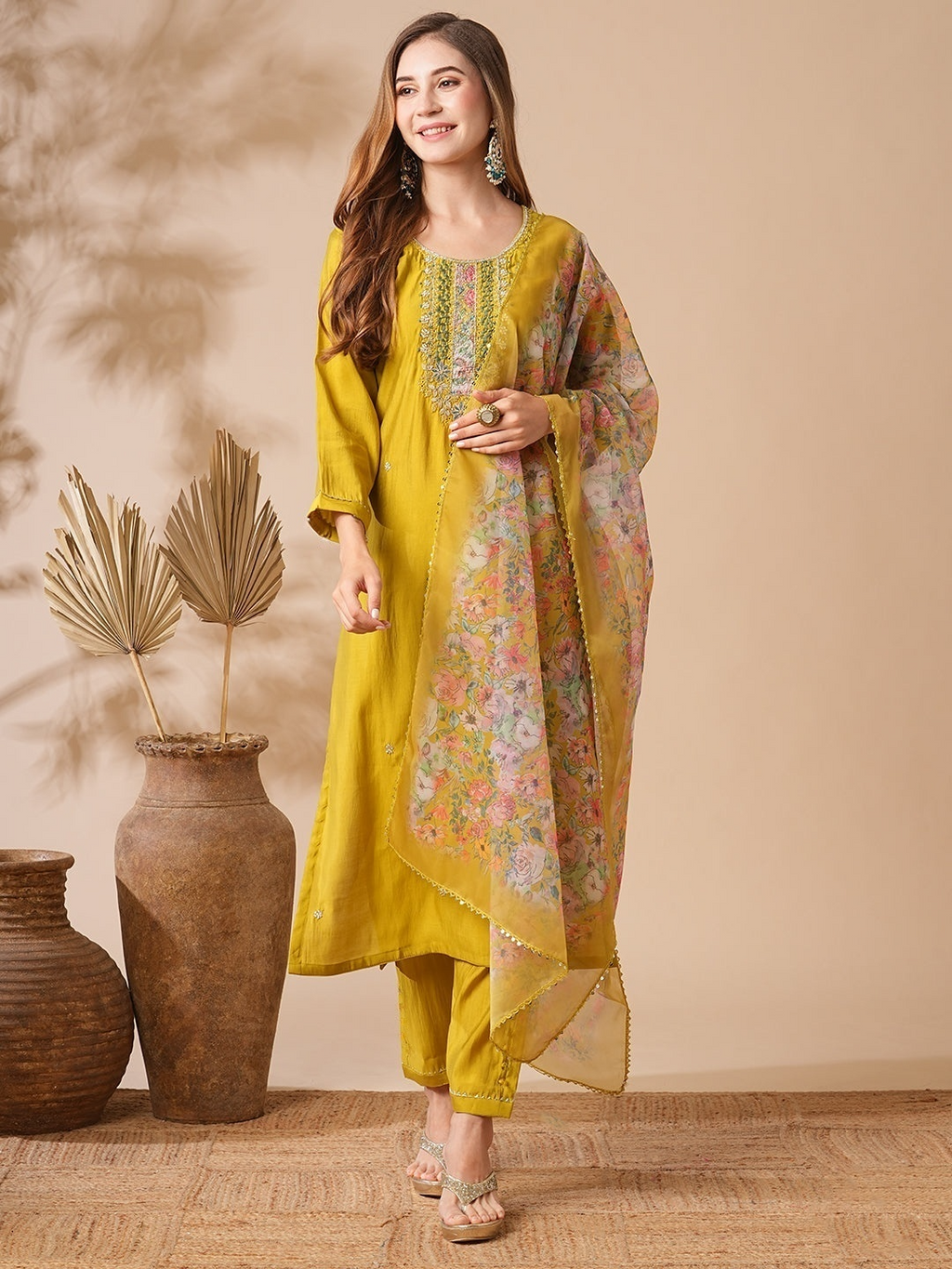 Mustard Yellow Viscose Chanderi Kurta Set with Intricate Yoke Embroidery & Multicolored Bandhani-Style Dupatta