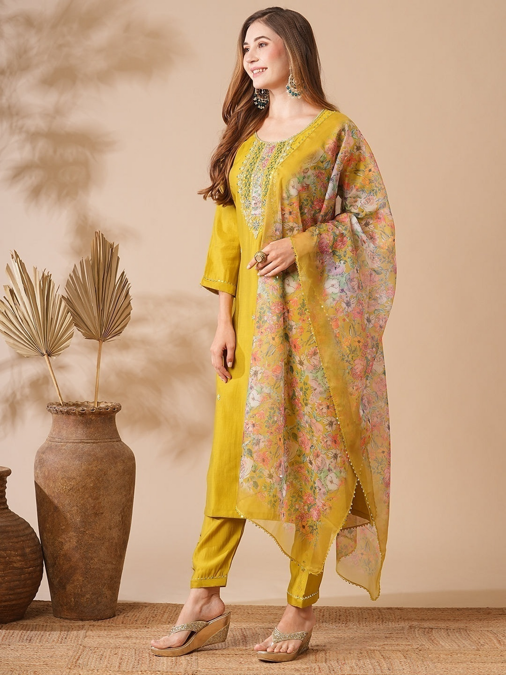 Mustard Yellow Viscose Chanderi Kurta Set with Intricate Yoke Embroidery & Multicolored Bandhani-Style Dupatta