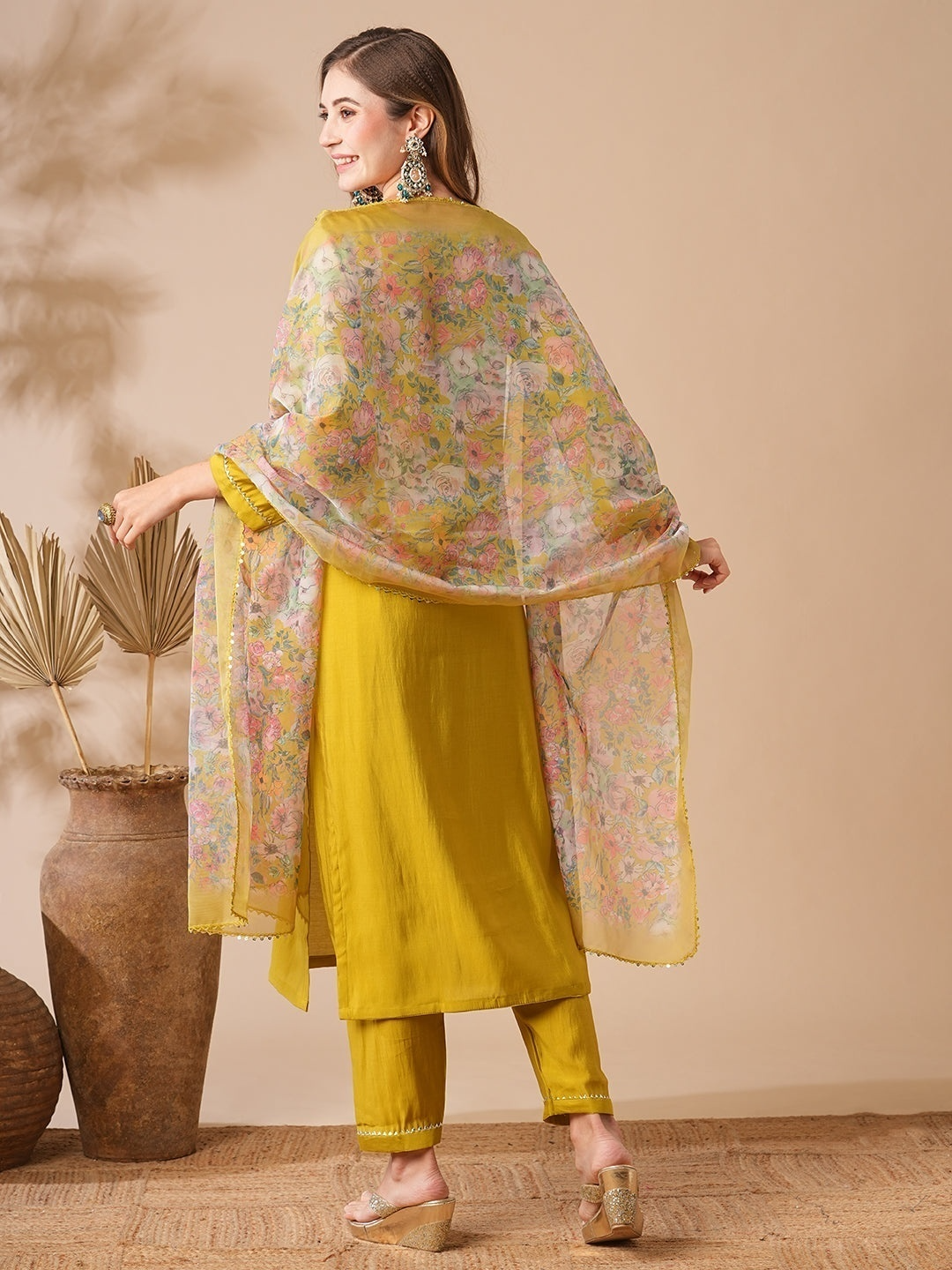 Mustard Yellow Viscose Chanderi Kurta Set with Intricate Yoke Embroidery & Multicolored Bandhani-Style Dupatta